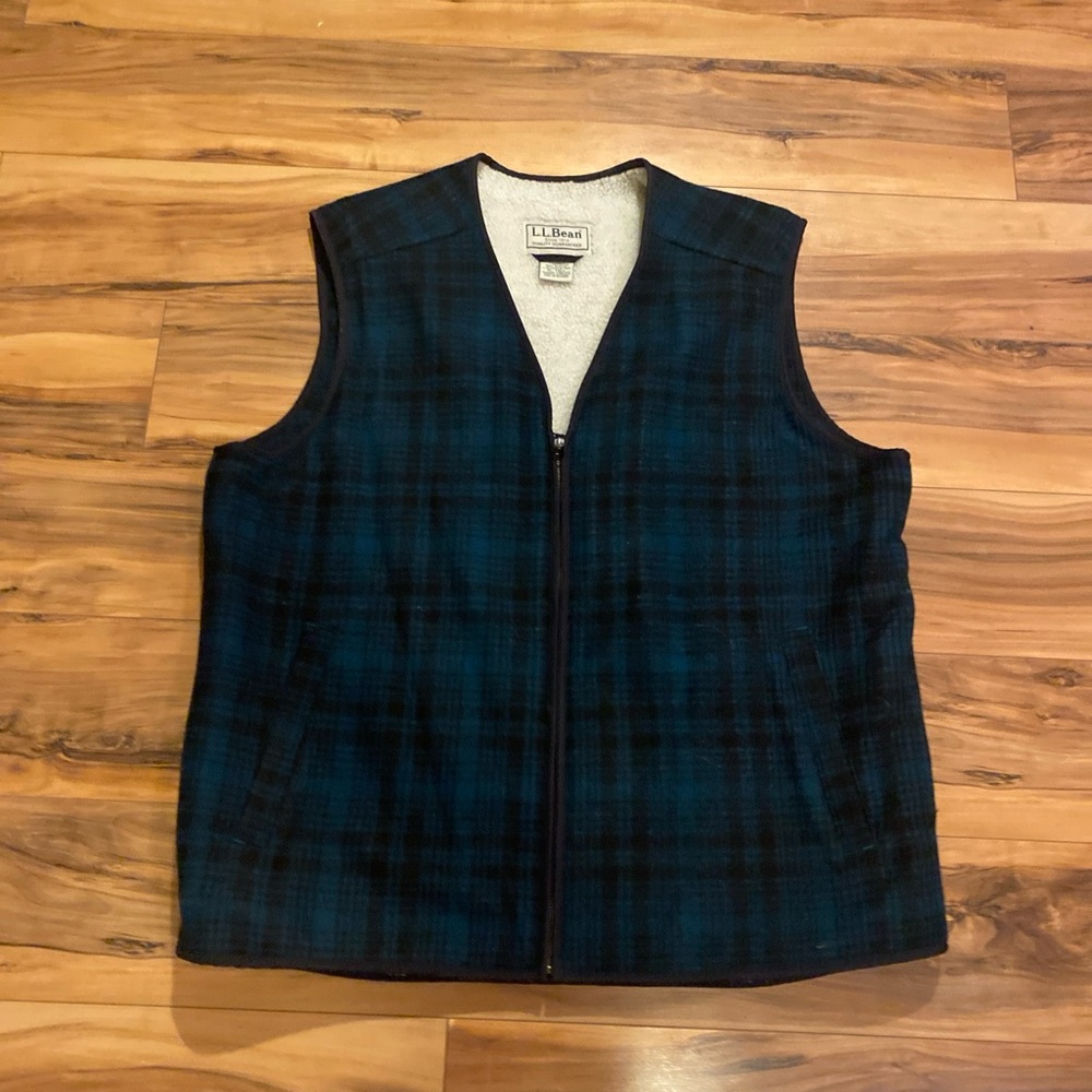 LL Bean Wool Vest Green Buffalo Plaid Hunting Mens Xl Tall Sherpa Lined.